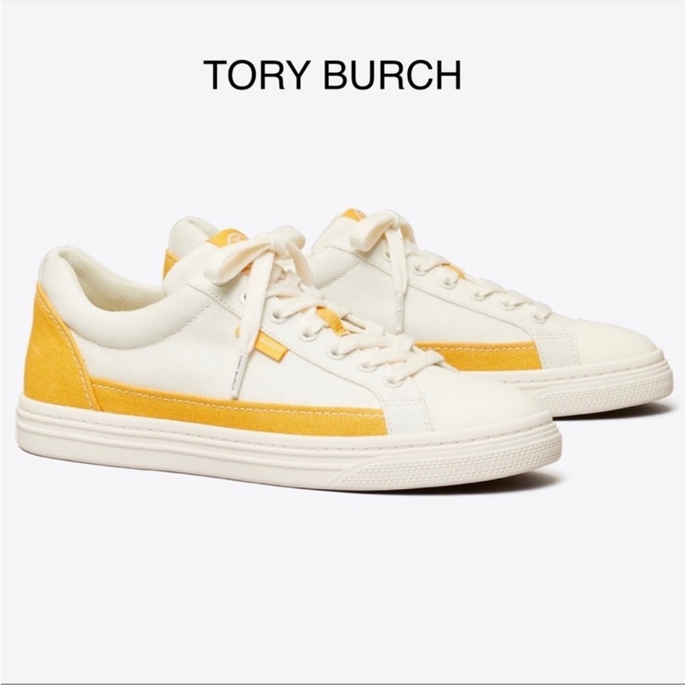 Tory Burch White and Yellow Canvas Sneakers